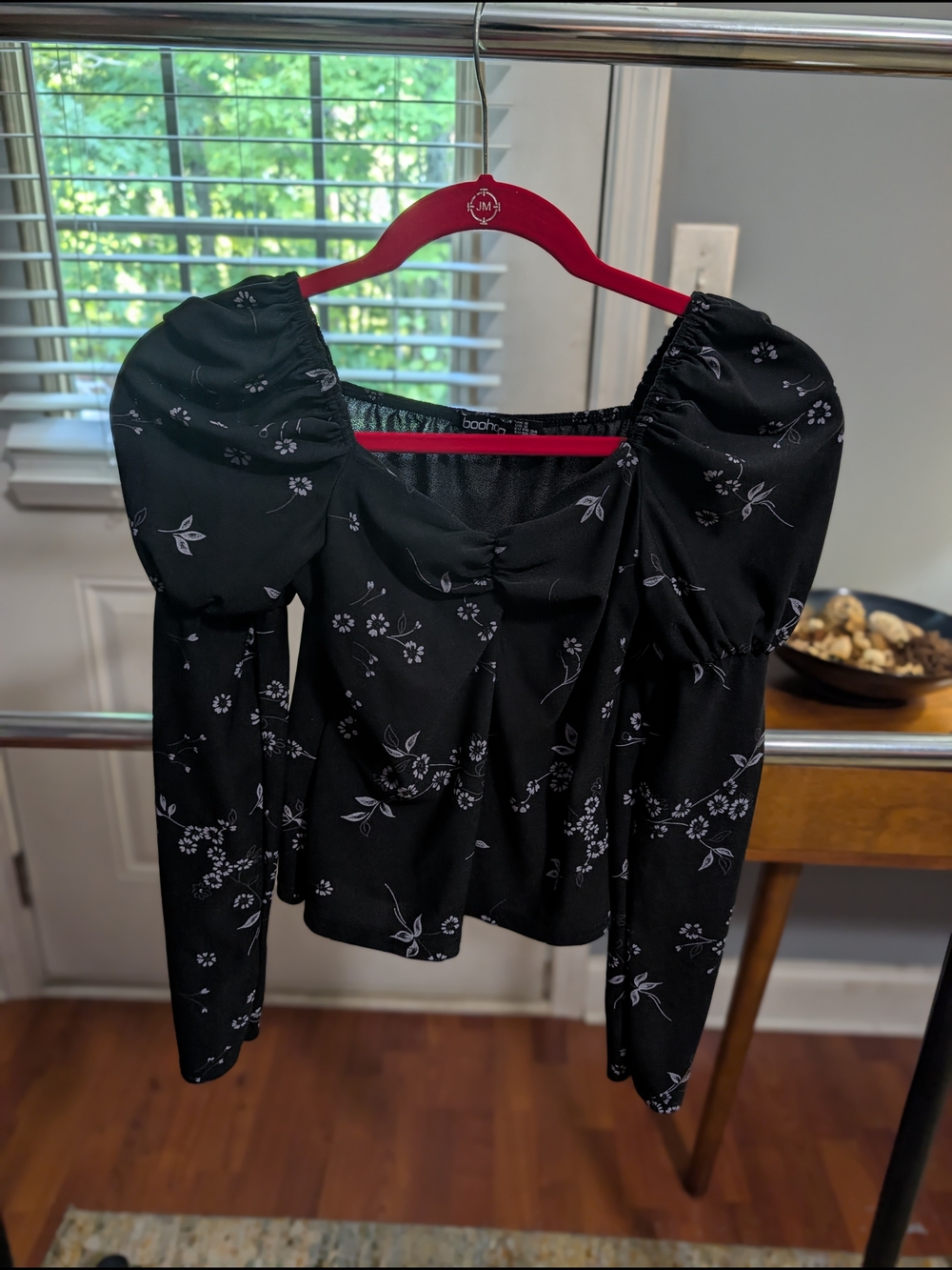 Boohoo Black Floral Square Neck Puff Sleeve Blouse